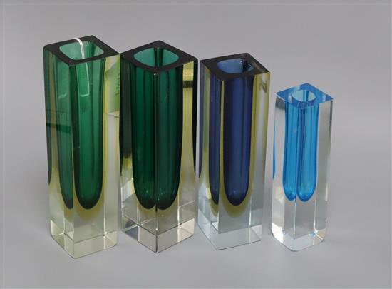 Four Murano glass vases, c.1960/1970s, vintage from Alessandro Mandruzzalo factory, Venice tallest 20.5cm